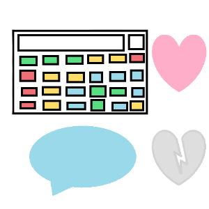 In the upper left there is a cartoon AAC device with color coded buttons. Next to it is a pink heart. Below these is a blue speech bubble, which is accompanied by a grey heart with a deep crack in it